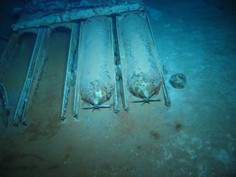 Quadruple torpedo tube mount on seabed - two weapons loaded
